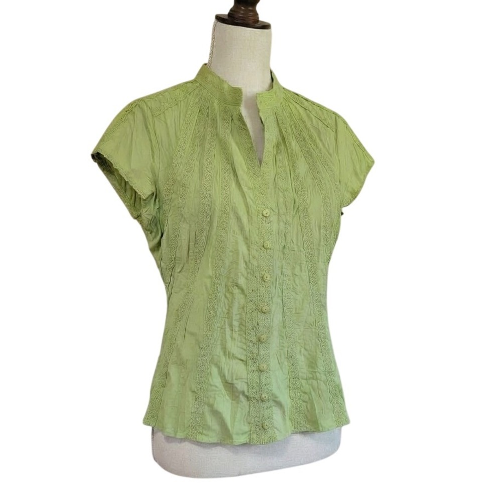 Y2K Lime Green Lace Trimmed Peasant Blouse Boho Victorian